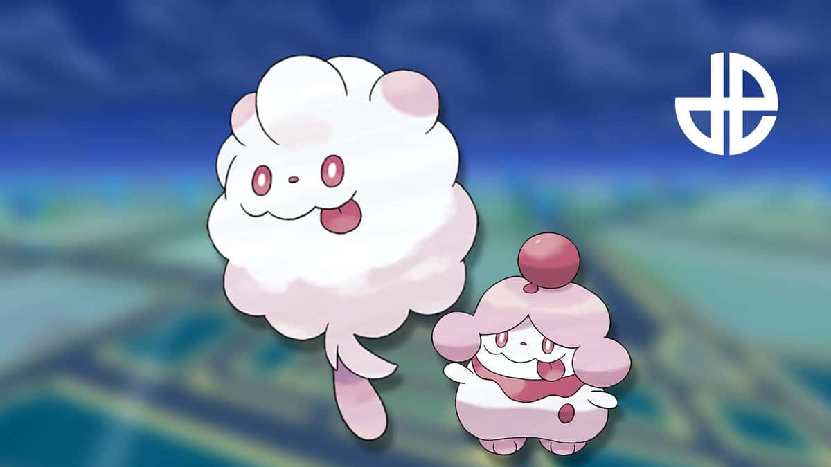 The Pokemon Swirlix and Slurpuff are shown against a blurred background