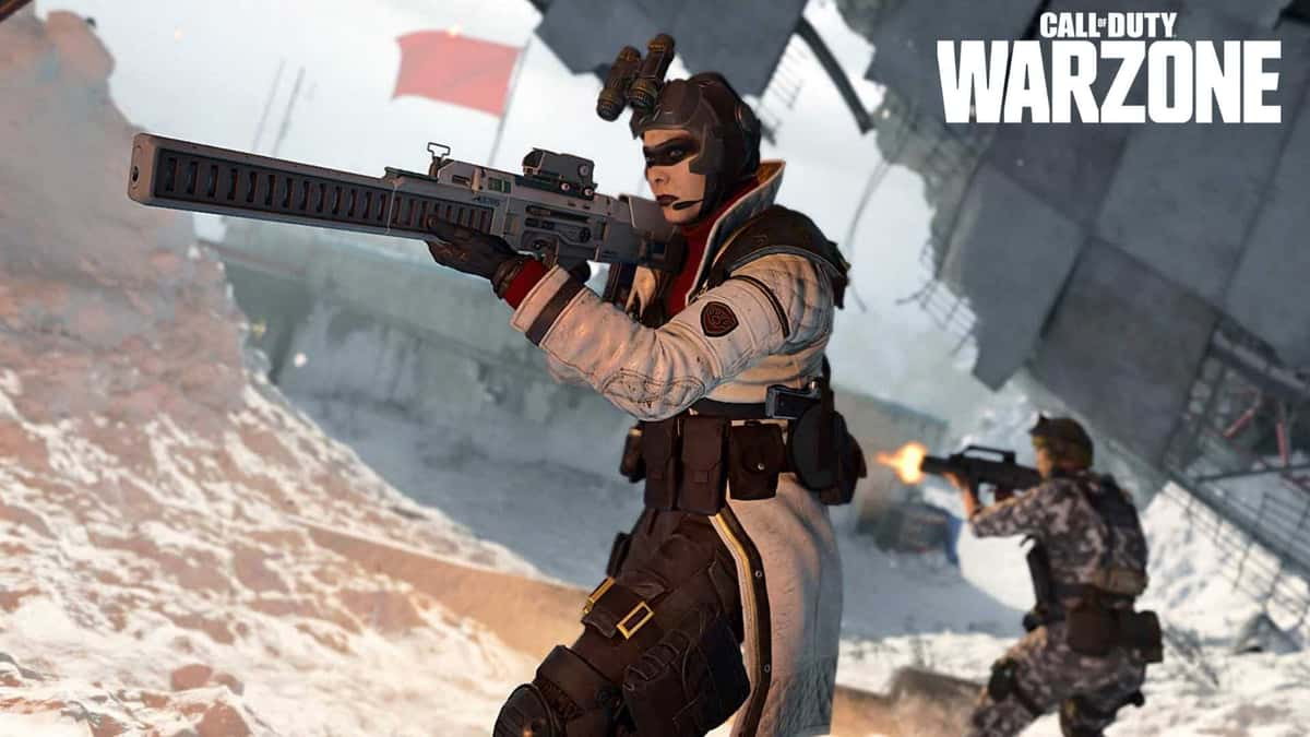 Warzone character holding a raven in snow