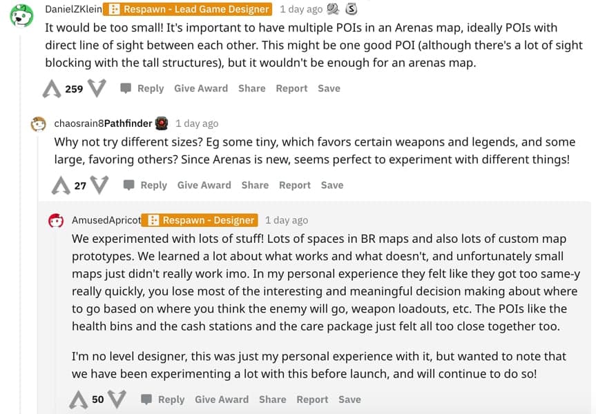 Respawn's Reddit replies on small Arenas maps