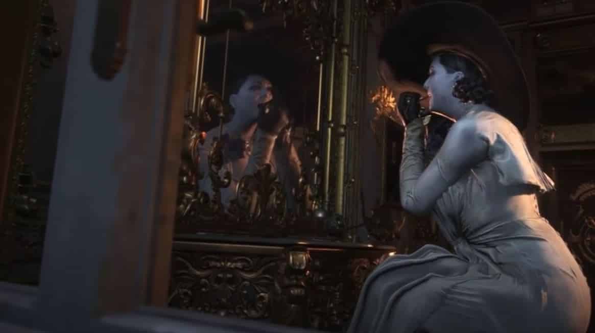 Lady Dimitrescu putting on lipstick in Resident Evil Village