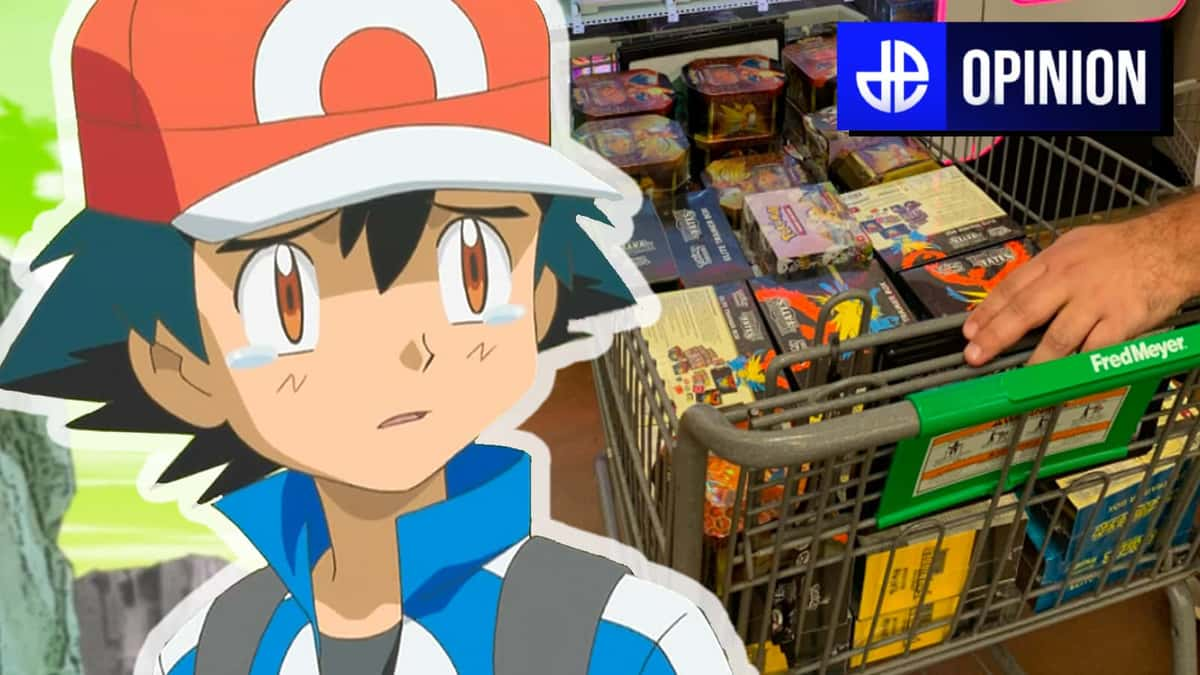 Pokemon Ash Ketchum next to Pokemon TCG scalper