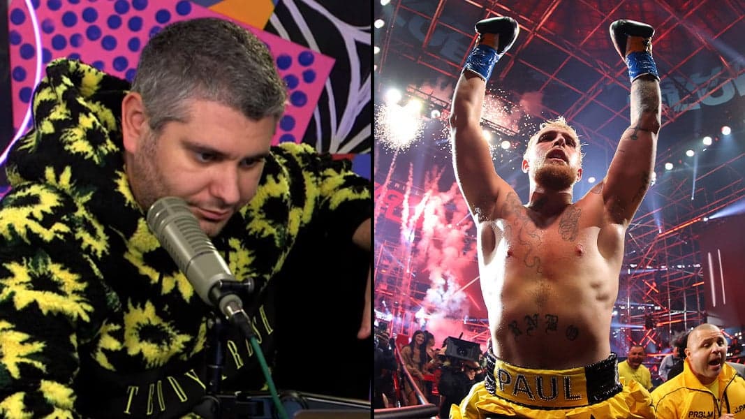 Ethan Klein on a podcast and Jake Paul in a boxing ring