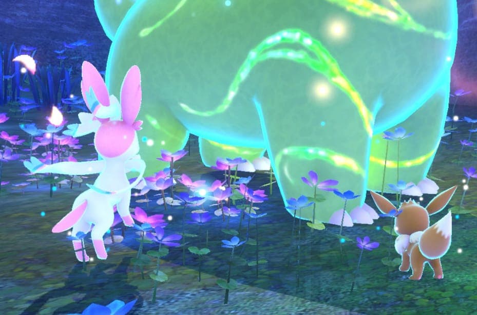 Sylveon next to Meganium Ilumina Spot in New Pokemon Snap