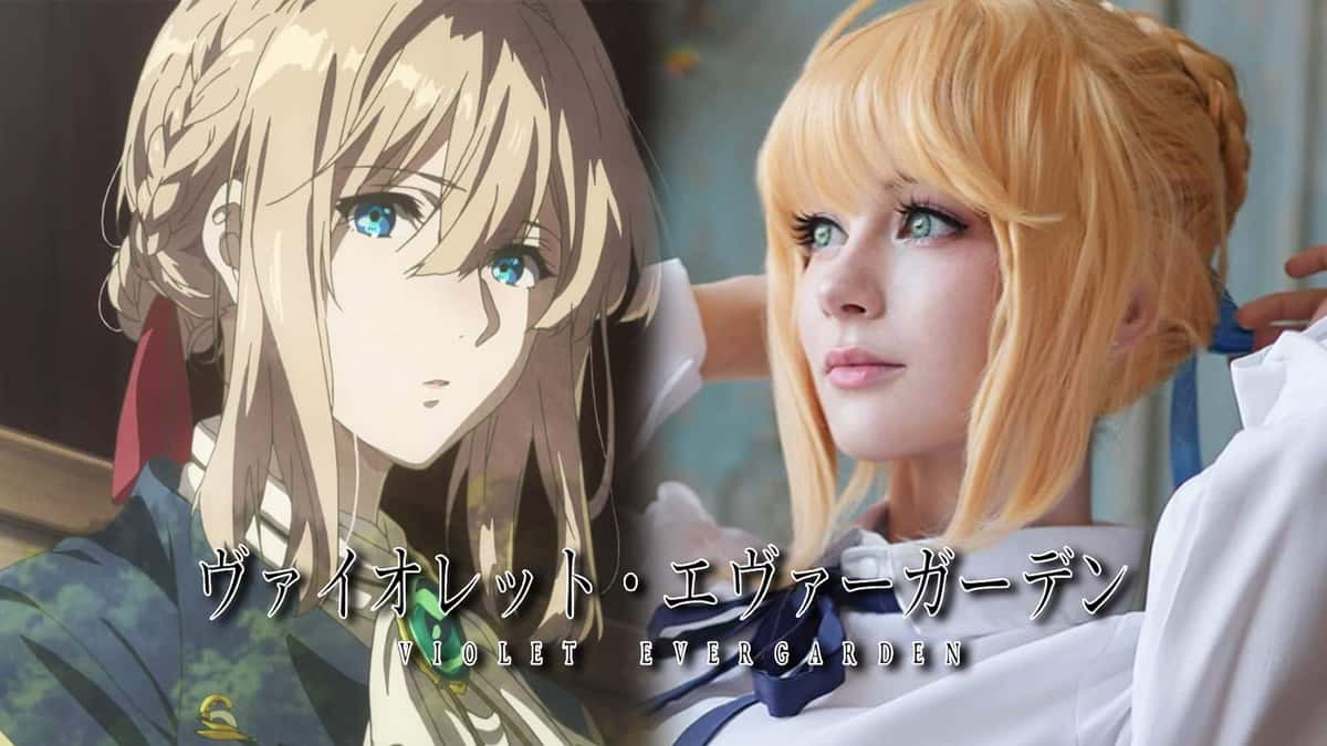 Violet from Violet Evergarden next to cosplayer