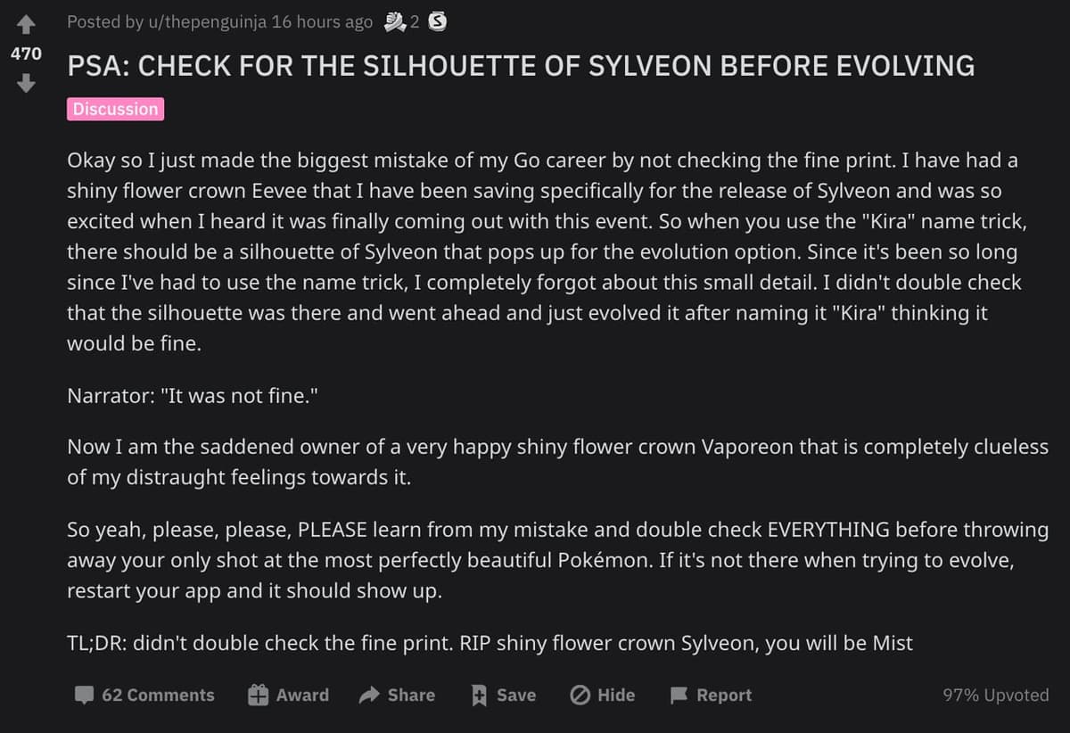 Pokemon Go Sylveon Reddit post