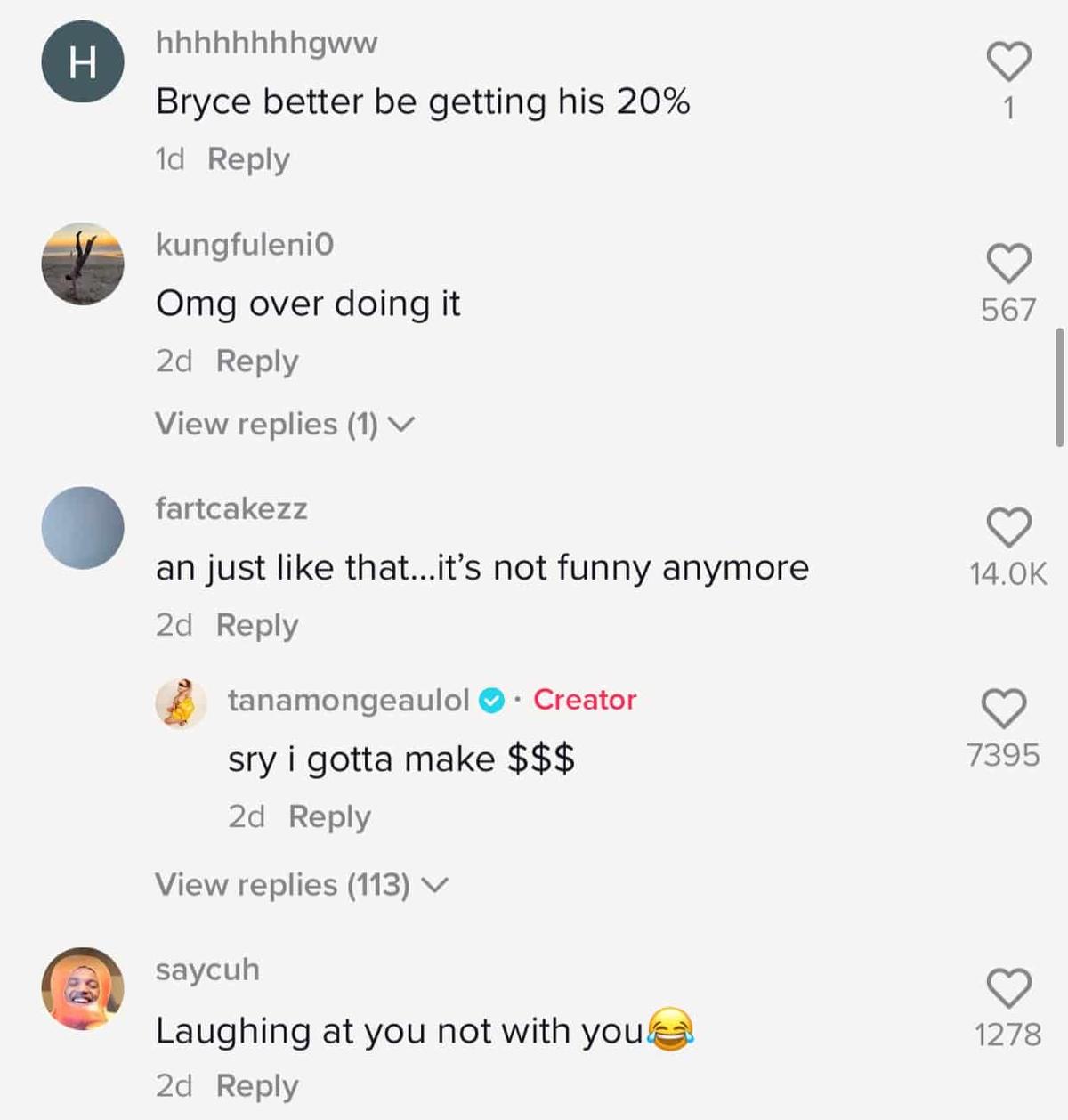 Comments under Tana Mongeau's TikTok