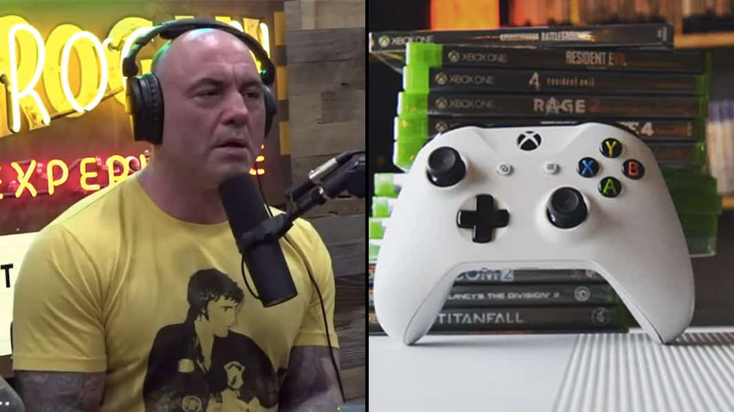 Joe Rogan and a stack of video games