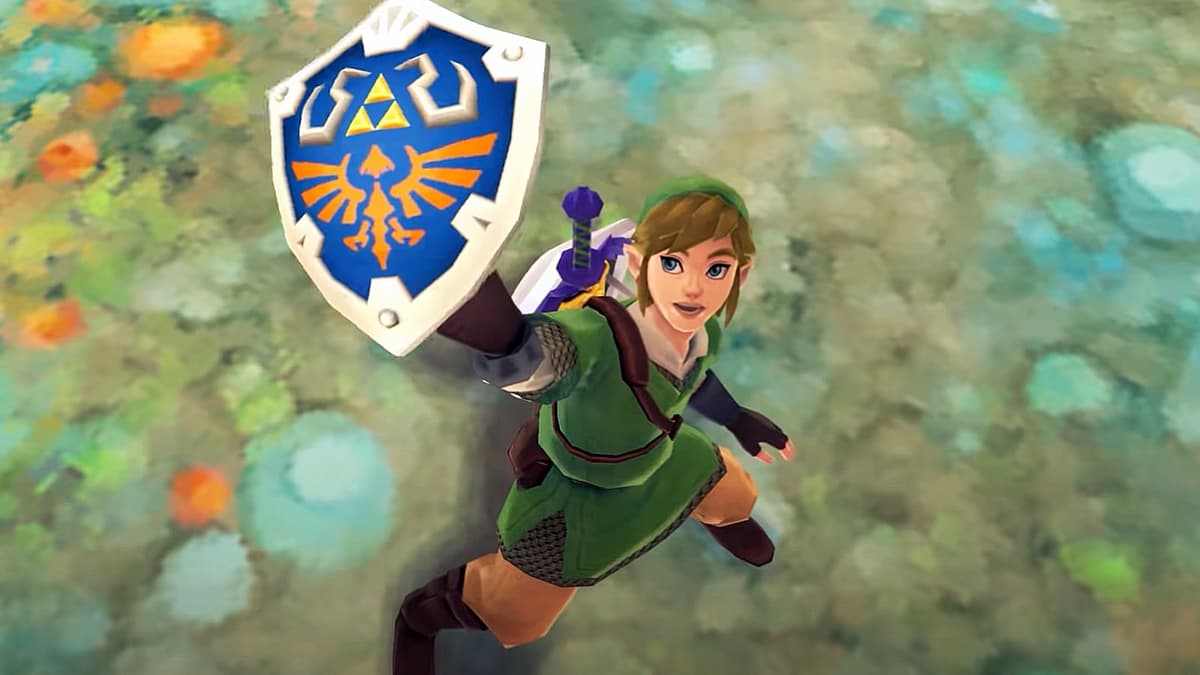 link holding the hylian shield in legend of zelda skyward sword