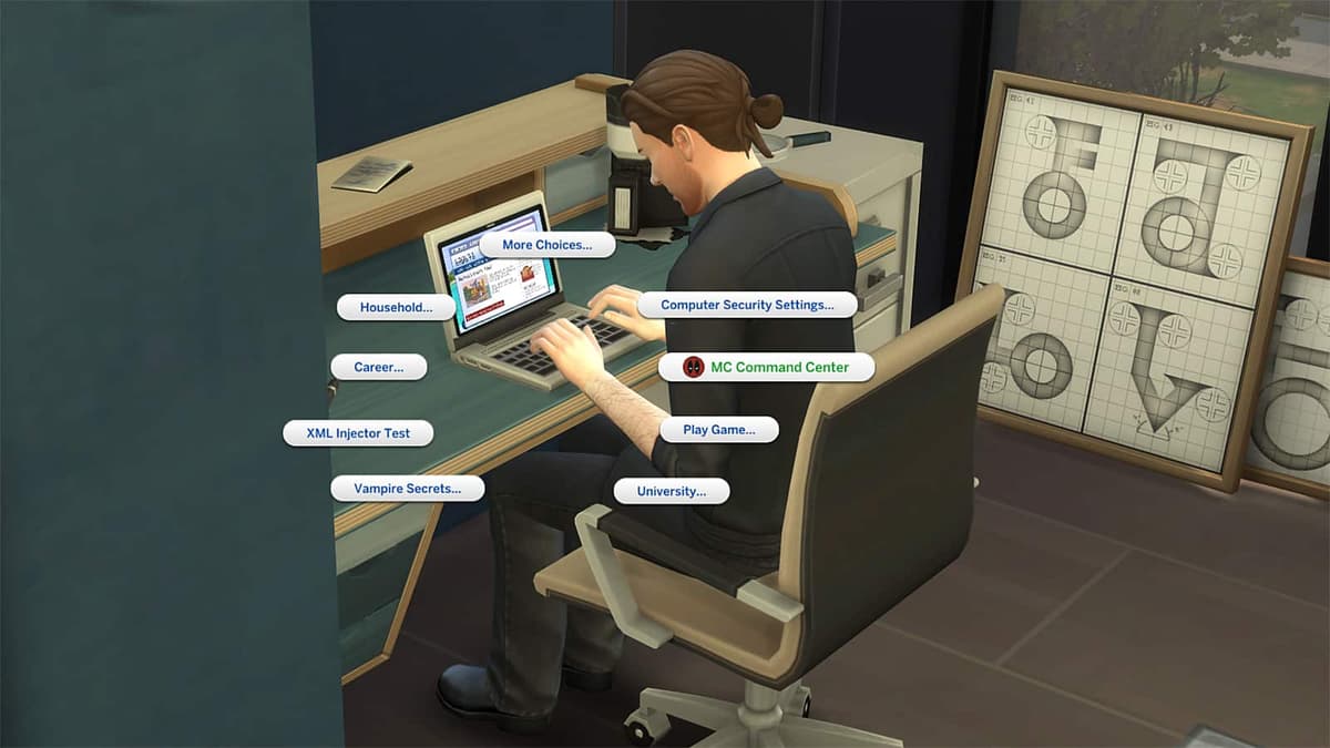 A screenshot showing the pie menu for MC Command Center in The Sims 4