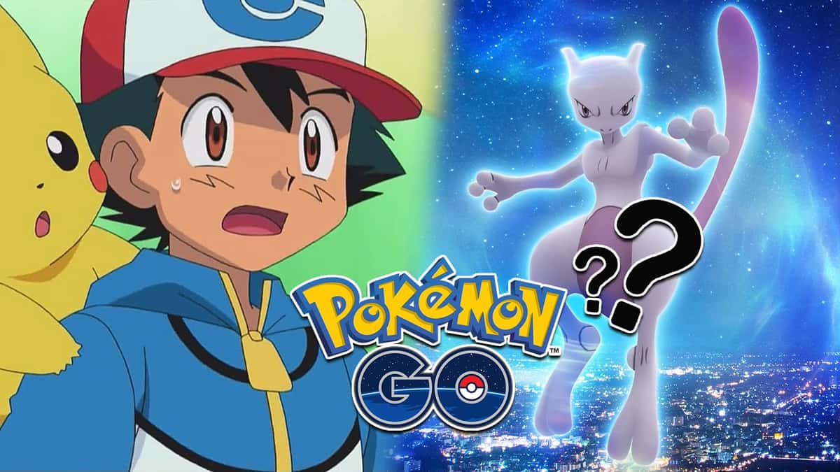 Pokemon anime Ash Ketchum next to Pokemon Go Legendary Raid boss Mewtwo