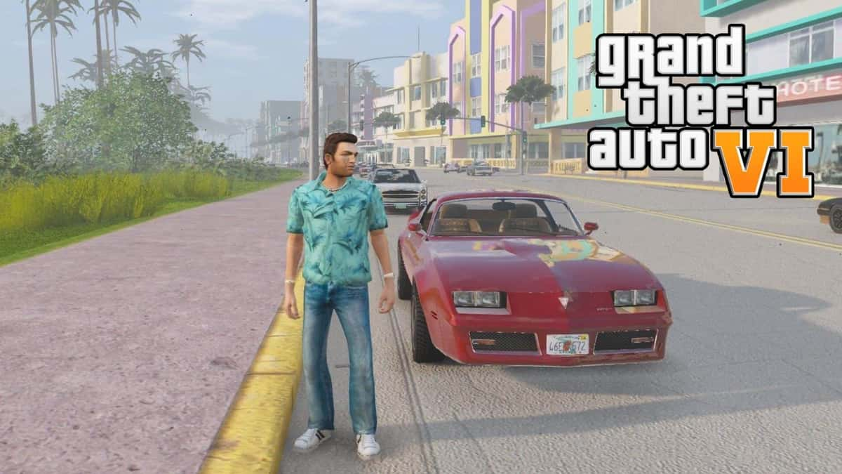 Gta vice city's tommy vercitti standing by a car