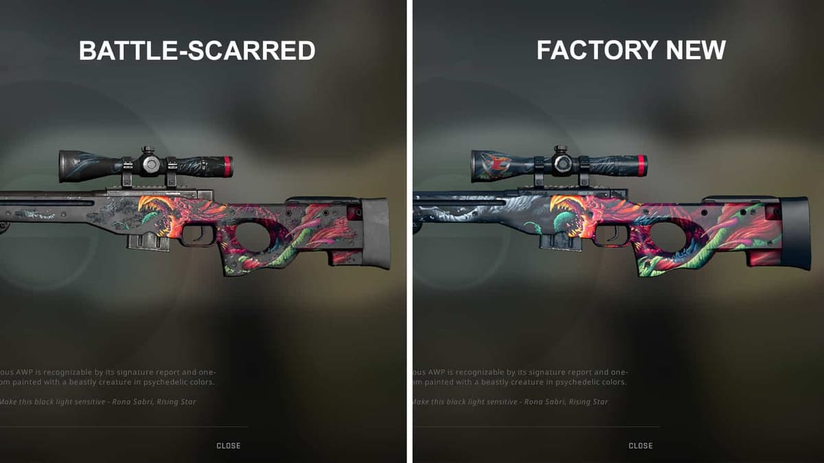 side by side battle-scarred and factory new counter-strike skins