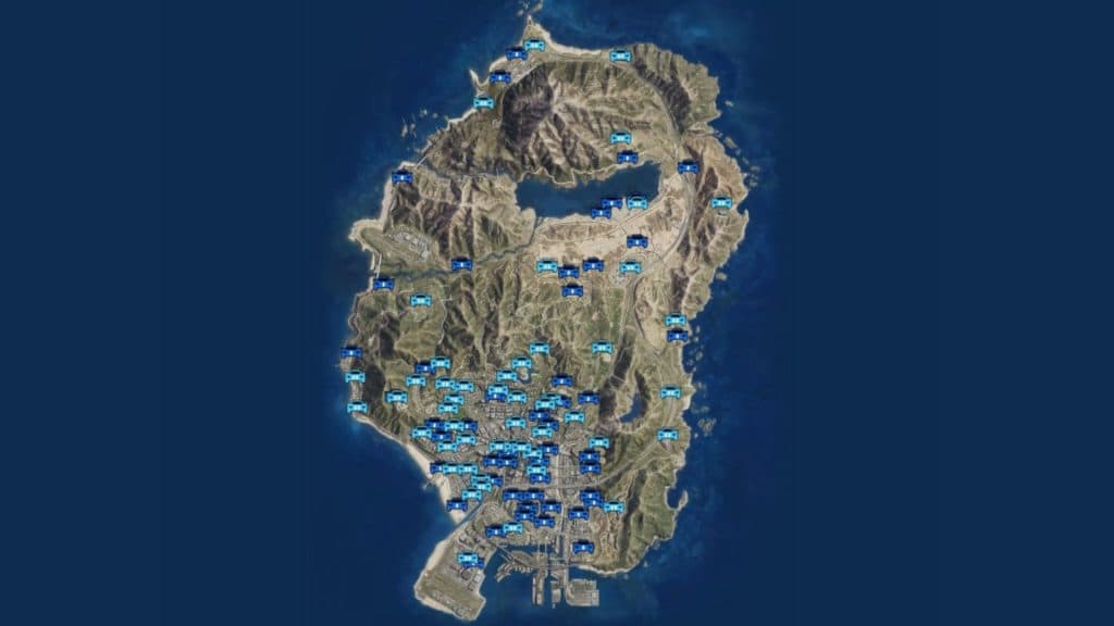 An image of the GTA Online Exotic Exports map via GTAWeb.