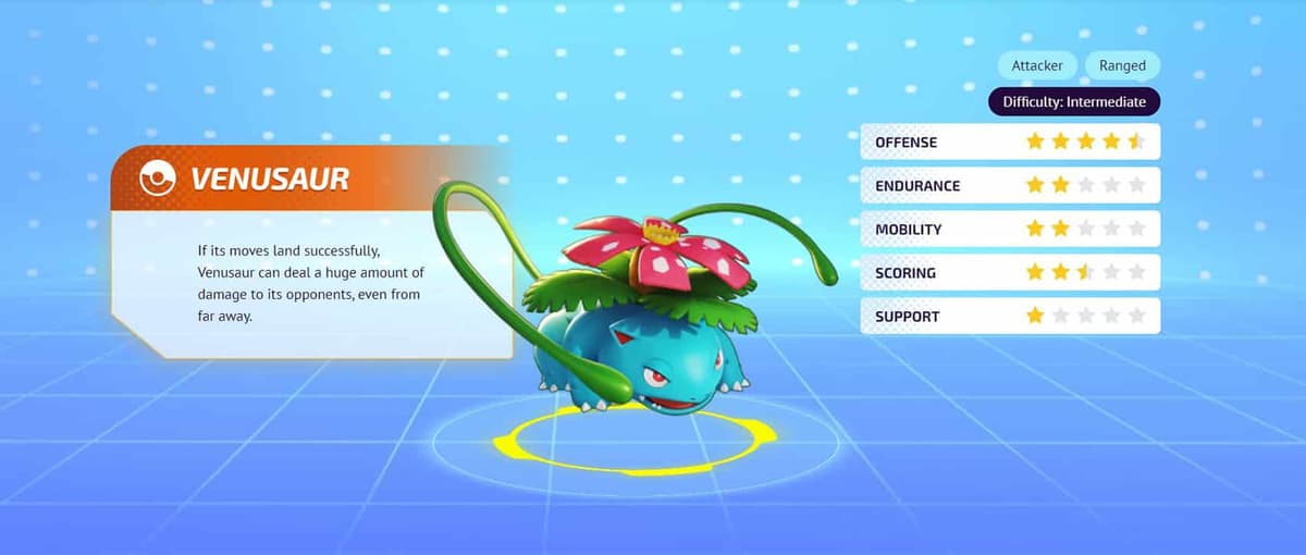 Pokemon Unite Venusaur profile stats page