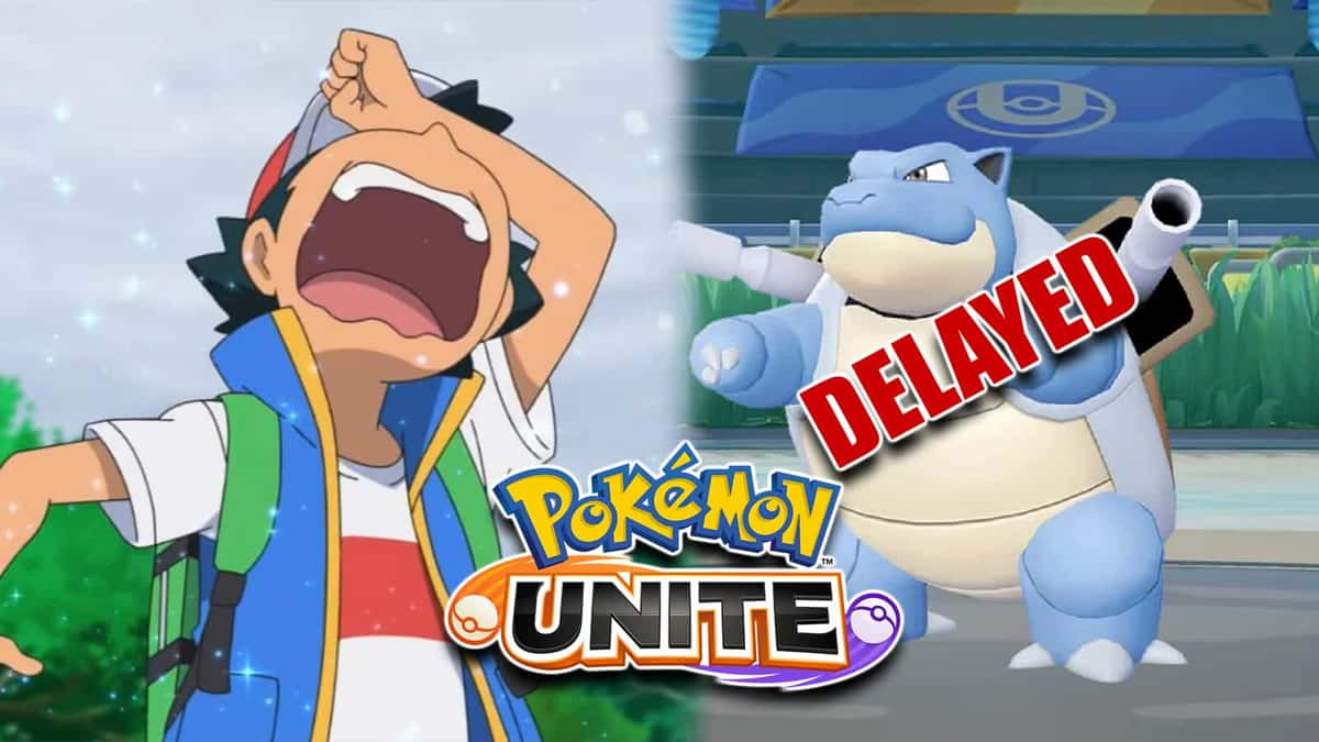 Pokemon anime Ash Ketchum next to Pokemon Unite Blastoise