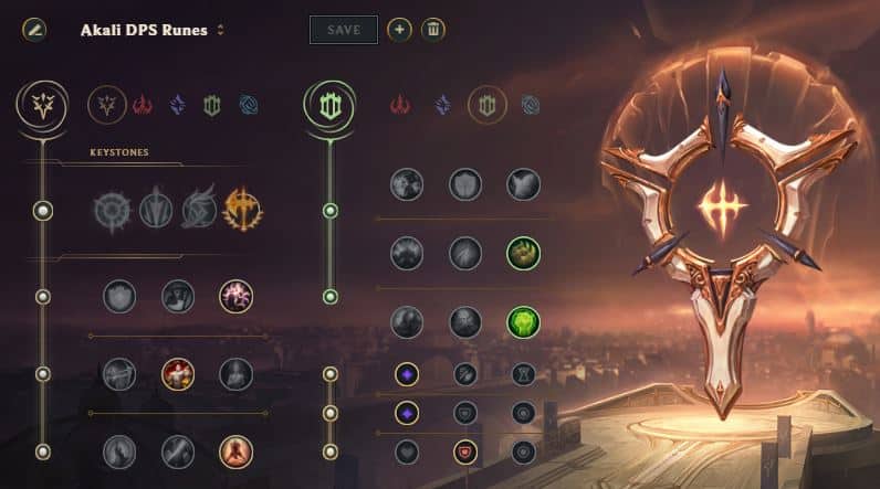 Akali rune page in league of Legends season 11