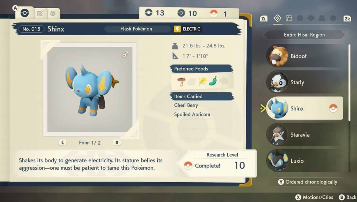 Pokemon Legends Arceus Shinx Pokedex entry