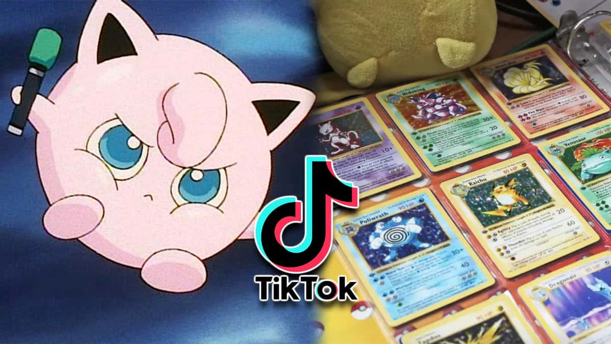 Pokemon Jigglypuff next to Pokemon Card Collection