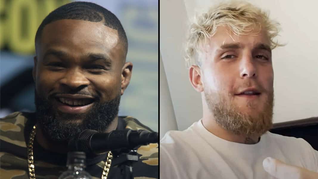 Tyron Woodley and Jake Paul side-by-side talking