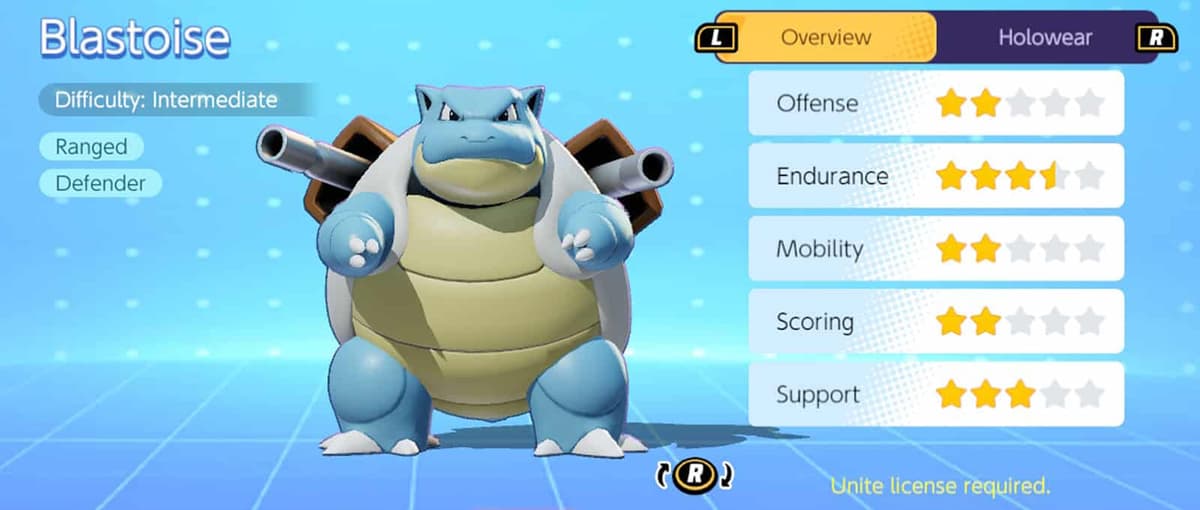 A screenshot showing Blastoise's stats in Pokemon Unite.