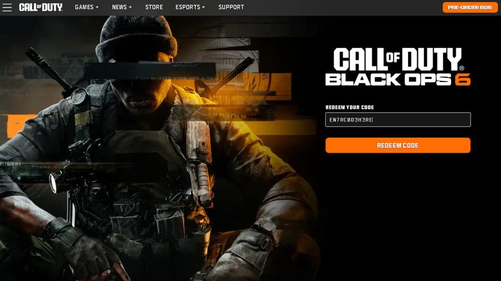 The Call of Duty website's section for redeeming codes.