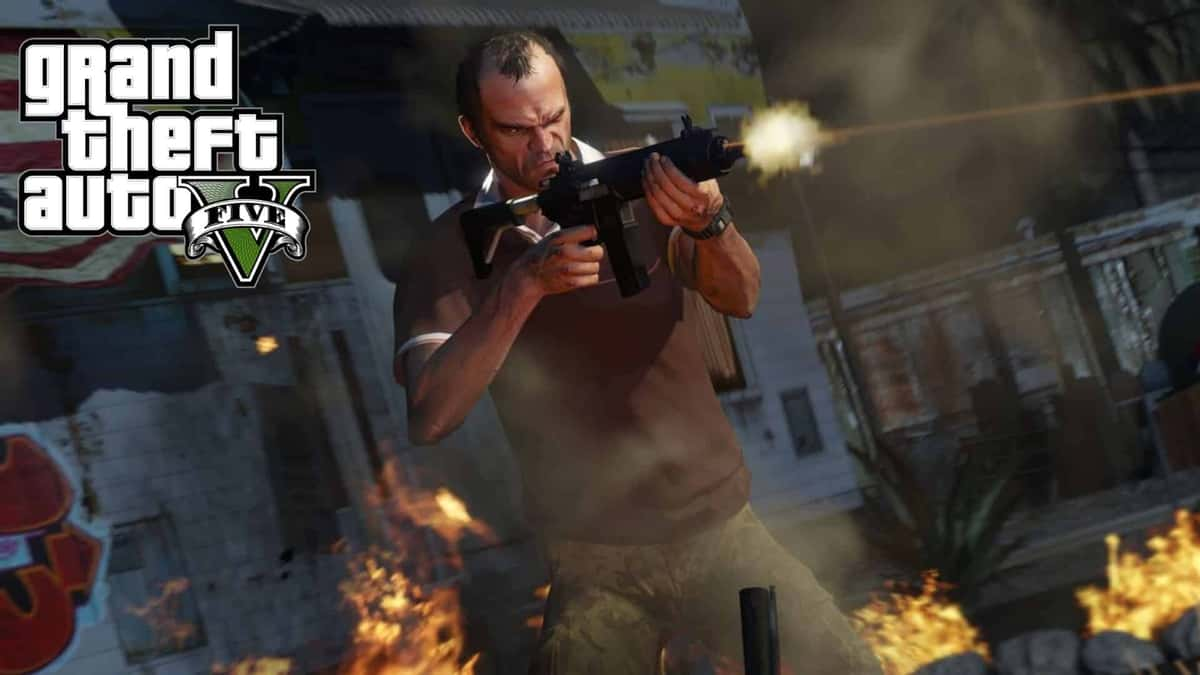 GTA 5 trevor shooting gun with fire and explosions around