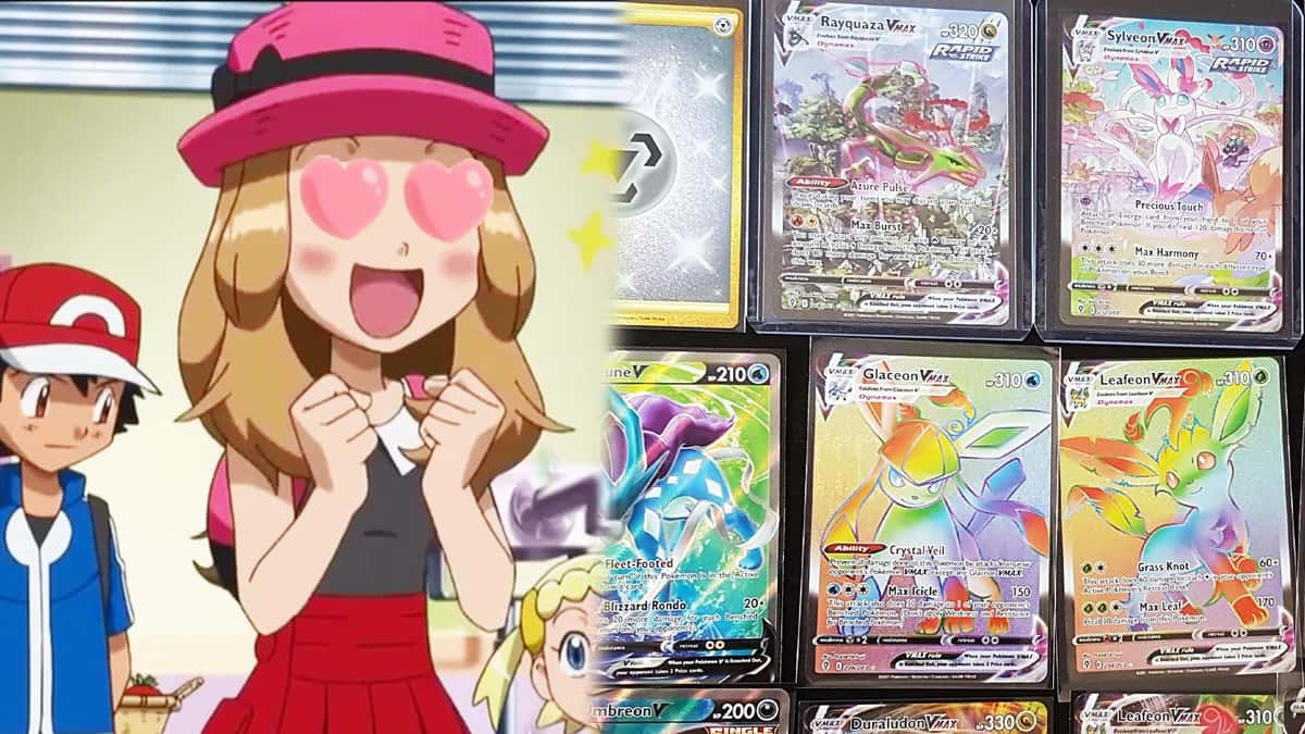 Pokemon anime next to Evolving Skies TCG set