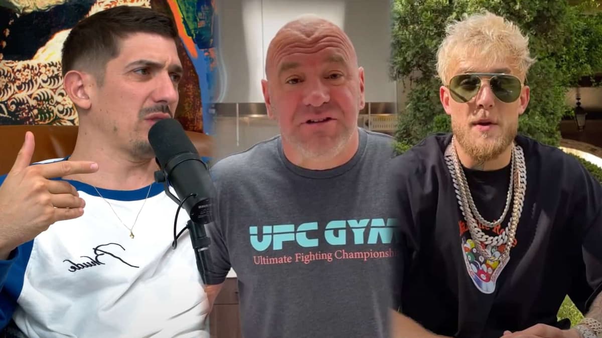 Andrew Schulz next to Dana White and Jake Paul