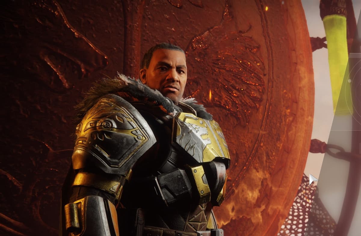 Image from Destiny 2 showing Lord Saladin standing in front of the Iron Banner sigil