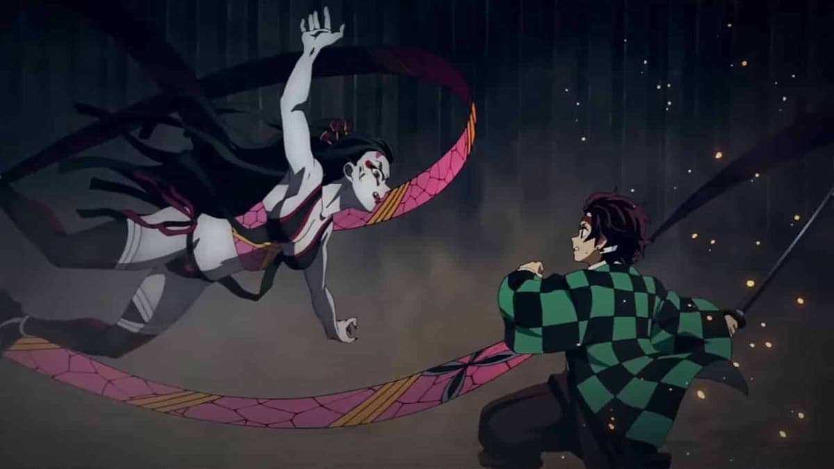 Demon Slayer season 2 screenshot of Tanjiro fighting Daki