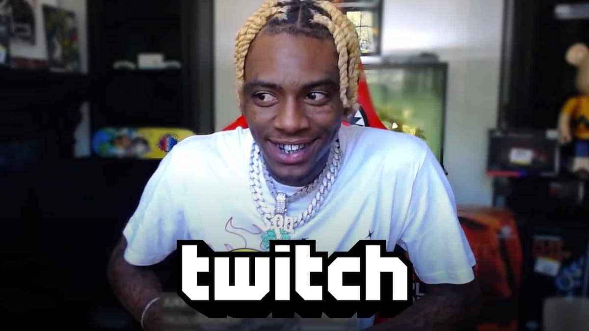 Soulja Boy smiling on his Twitch stream above platform logo.