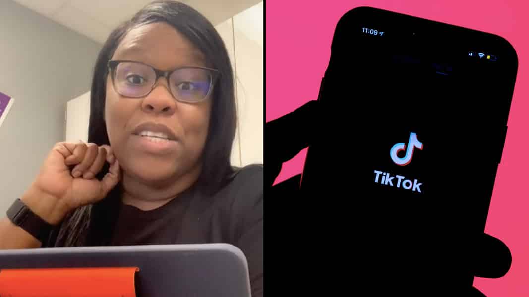 Teacher talking to camera next to TikTok logo