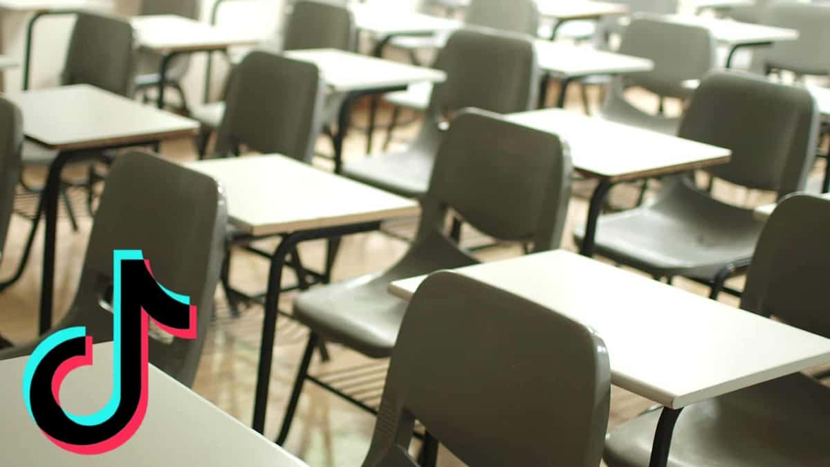 Chairs in a classroom with TikTok logo over it