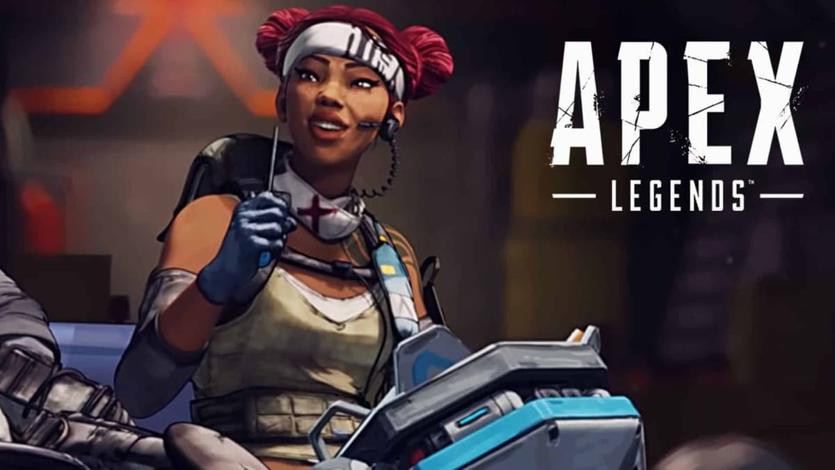 Lifeline drumming her DOC alongside Apex Legends logo