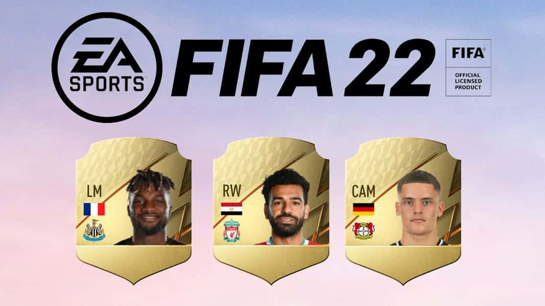 FIFA 22 logo with Saint Maximin, Salah and Wirtz cards