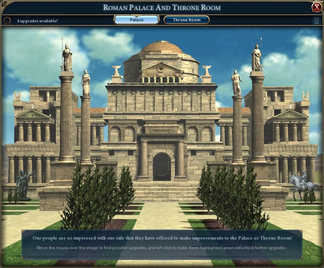 The thrones and palaces menu features a huge palace for a Roman civilization.