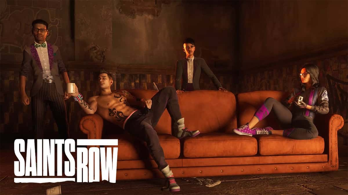 An image of four characters sitting on a sofa from the Saints Row reboot