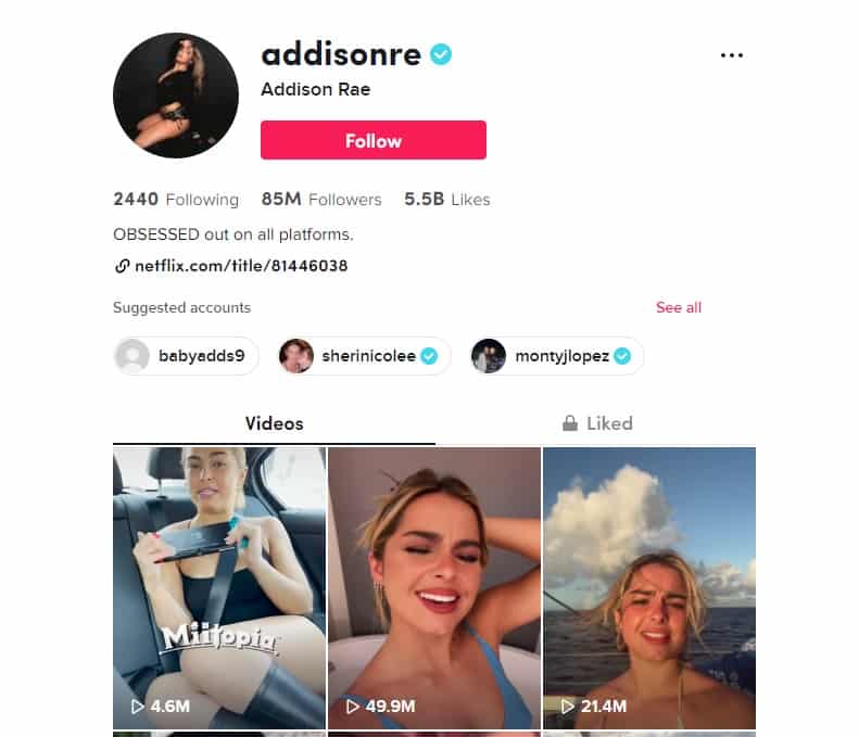 Addison Rae TikTok profile landing page