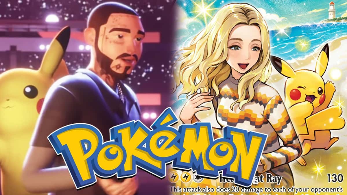 Post Malone Pokemon Concert image next to Katy Perry Pokemon Card