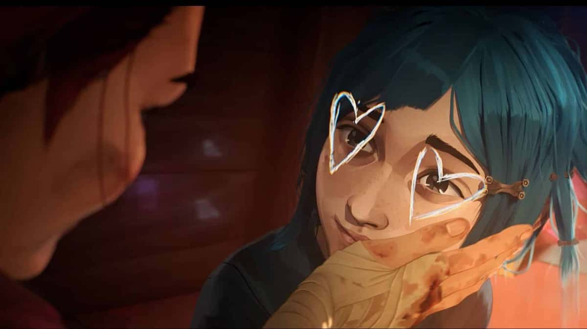 League of Legends arcane young jinx looks up at a woman with hearts drawn over her eyes