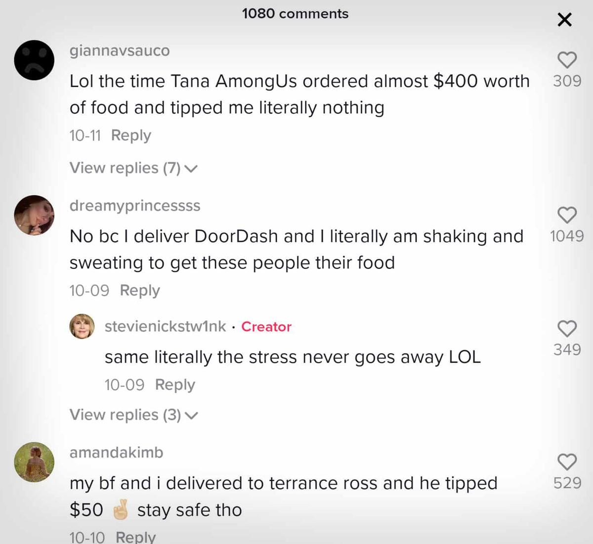 DoorDash TikTok Comments Tana Mongeau