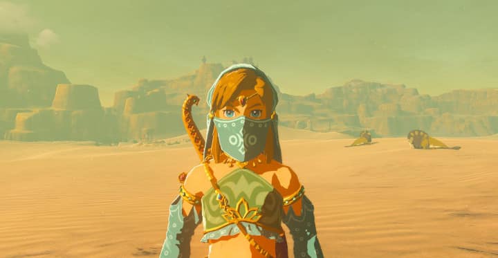 link wearing gerudo clothes in zelda breath of the wild