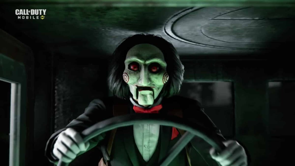 Billy the Puppet from the SAW franchise driving a truck in CoD Mobile.