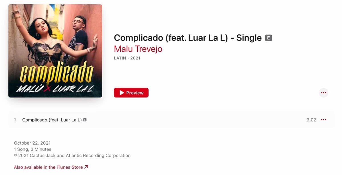 Malu Trevejo's song Complicado on Apple Music