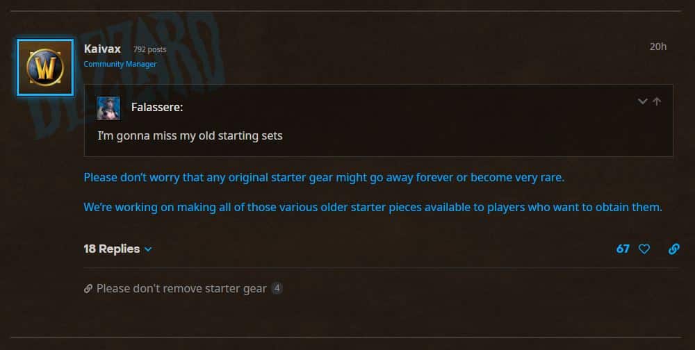 World of Warcraft Starter Gear Set Changes Blizzard Response