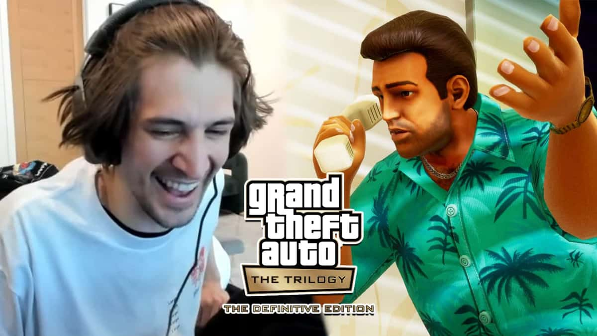 Twitch streamer xQc laughing next to GTA Definitive Edition screenshot