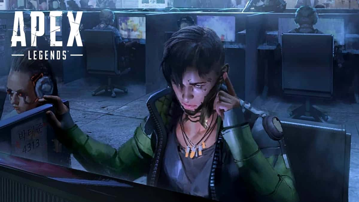 Apex Legends korean hacker working on row of computers in an office under gunpoint