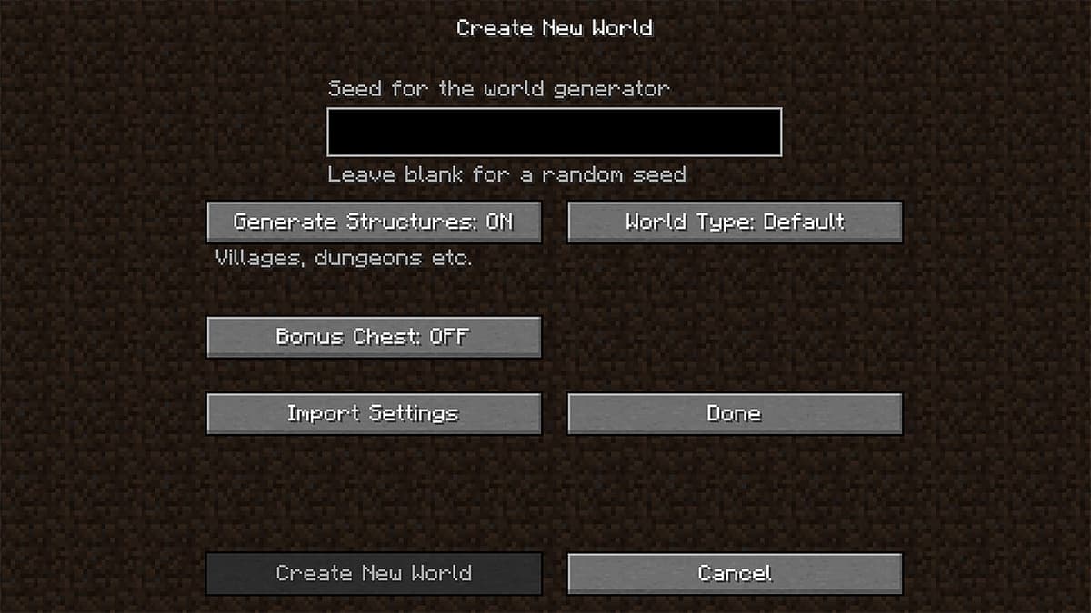 An image showing the menu screen to use seeds in Minecraft