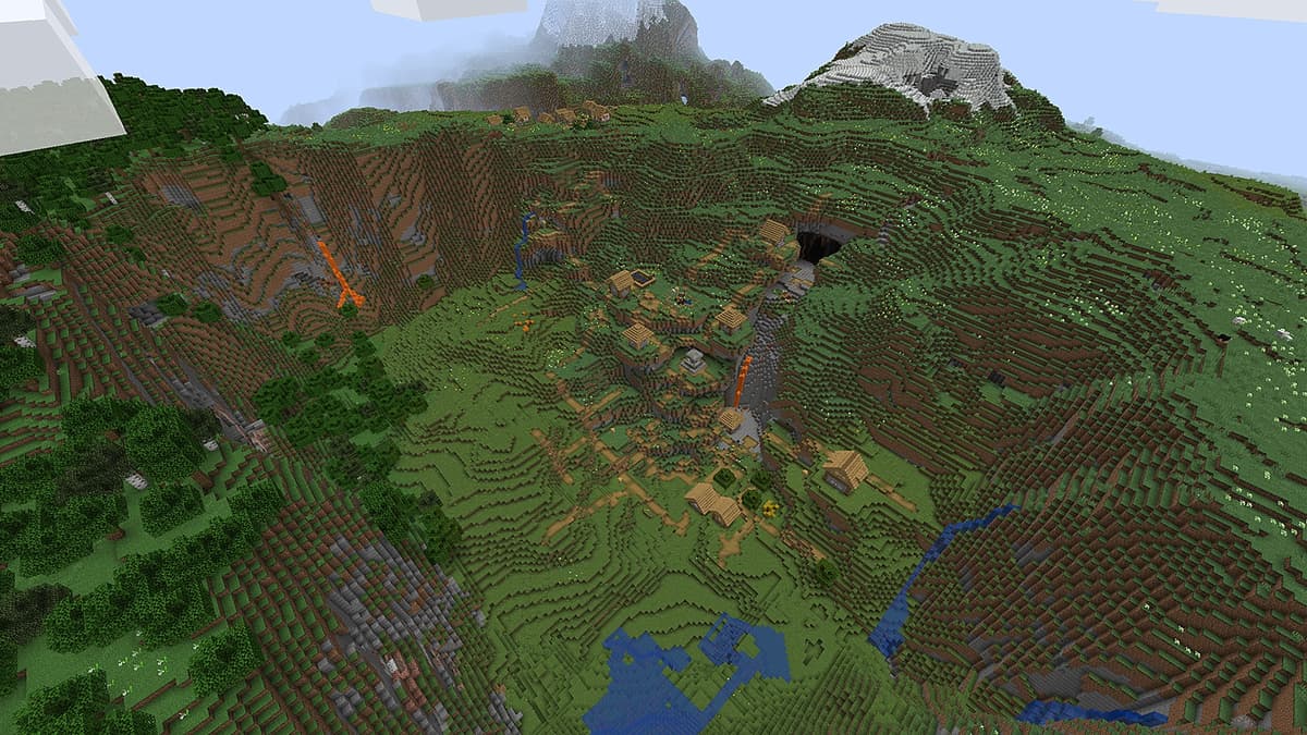 A plains village tucked away in a valley in Minecraft