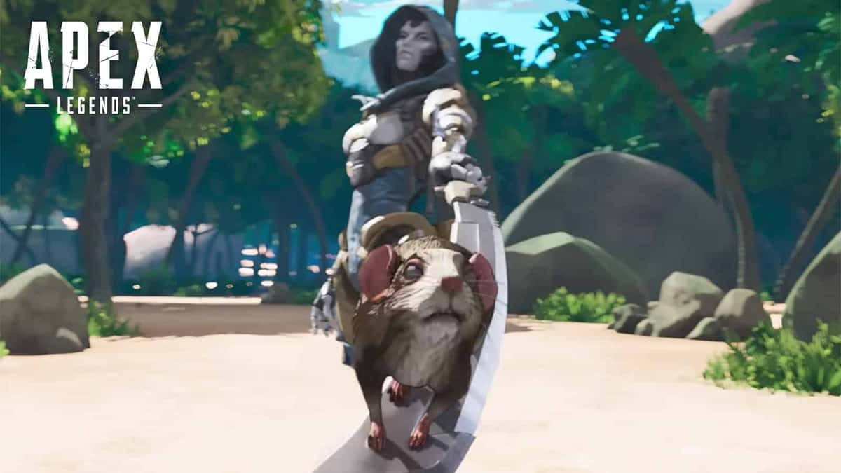 Ash's pet rat sitting on the edge of a sword in Apex Legends.